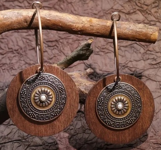 Handcrafted ~ Wood ~ Bronze ~ Alloy ~ Double Pendant ~ 1.25″ Dangle Earring