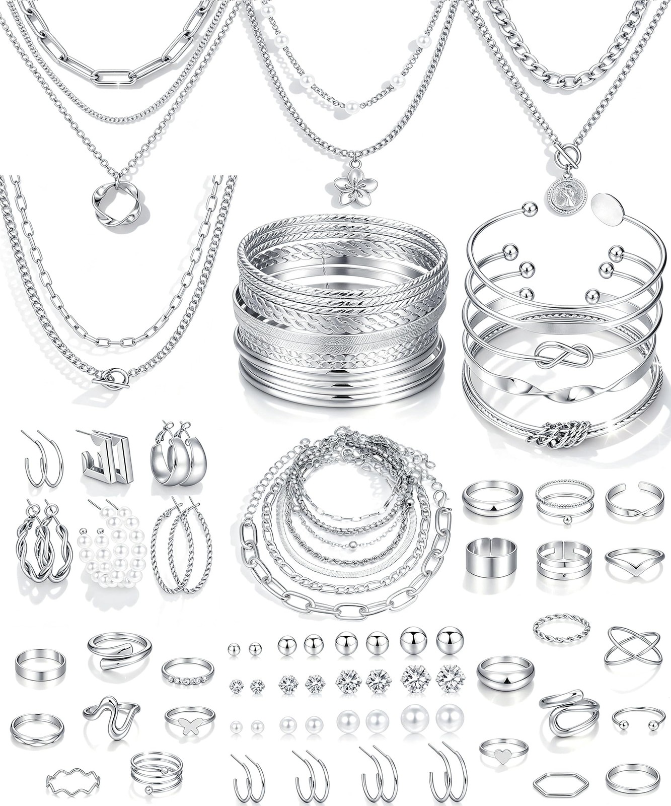 78 Pieces Gold Jewelry Set for Women, 9 Necklace, 24 Bracelet, 22 Earrings, 2…