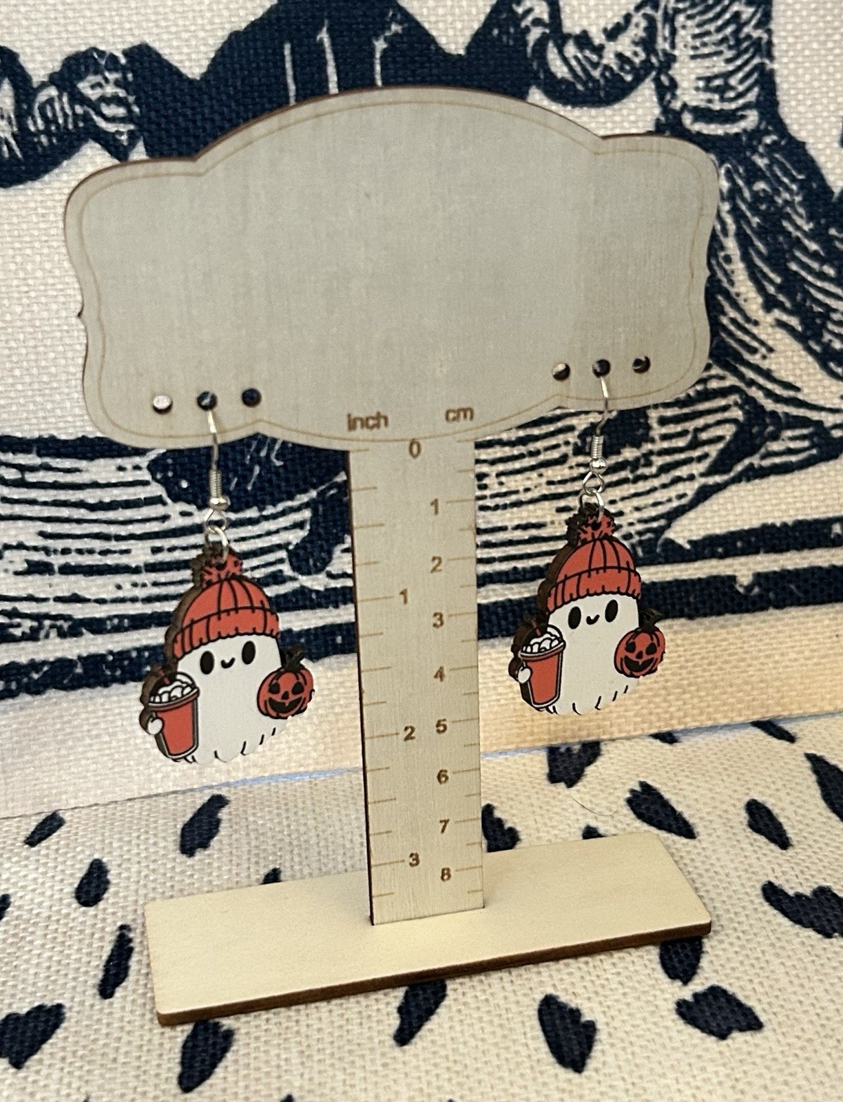 Ghost Dangle Earring With Coffee, Pumpkin And Beanie Double Sided Balsa Wood