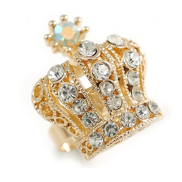 Clear Crystal Crown Cocktail Ring in Gold Tone – 30mm Tall – Size 7/8 Adjustable