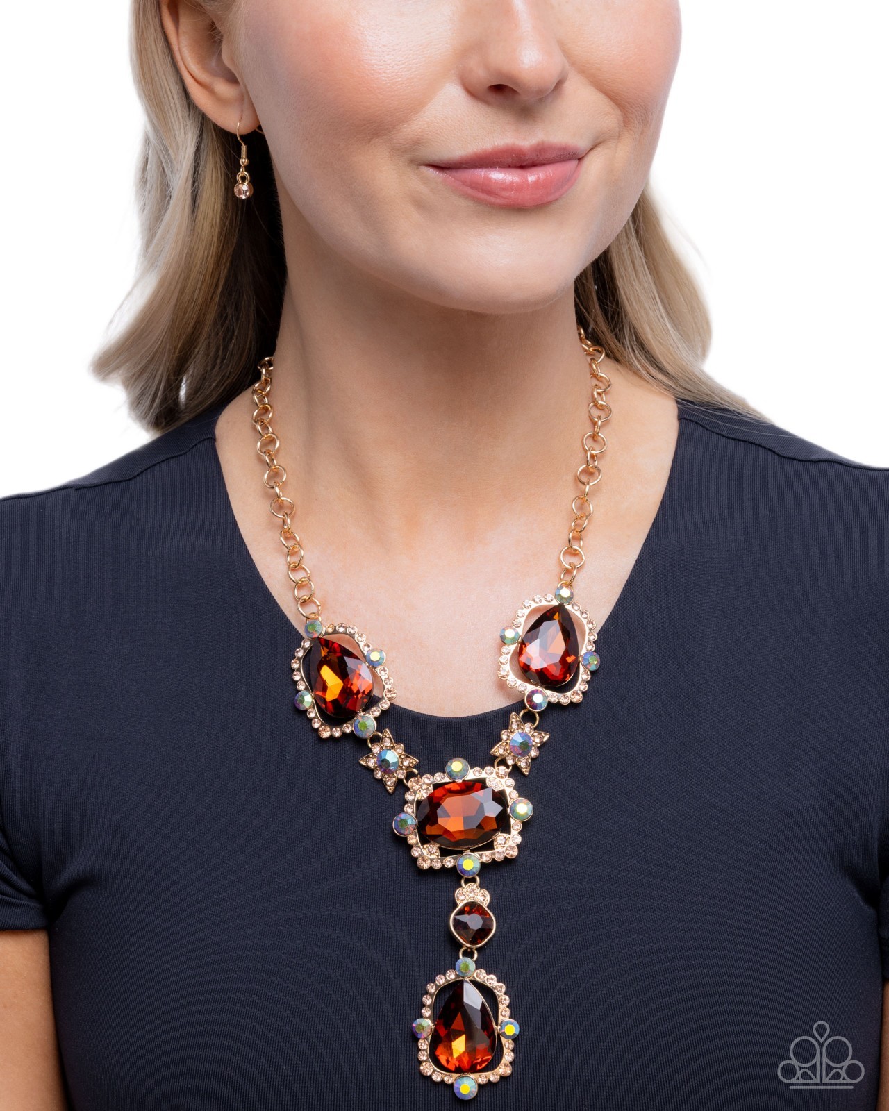 Paparazzi Fancy Formula – Brown – Golden Rhinestone – Blue & Tea Gems – Necklace