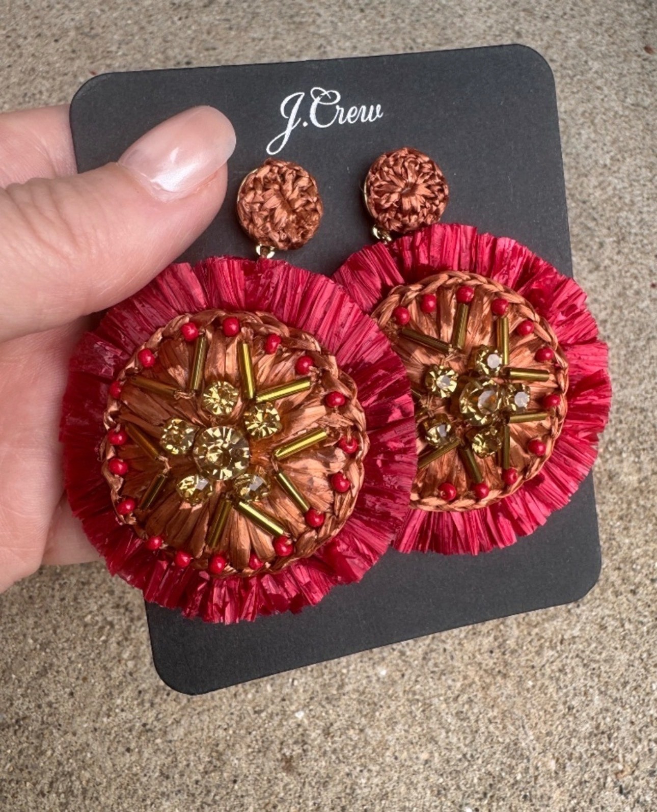 J.Crew Rock Red Raffia Statement Drop Earrings NWT Crystal Beaded AQ987 $65
