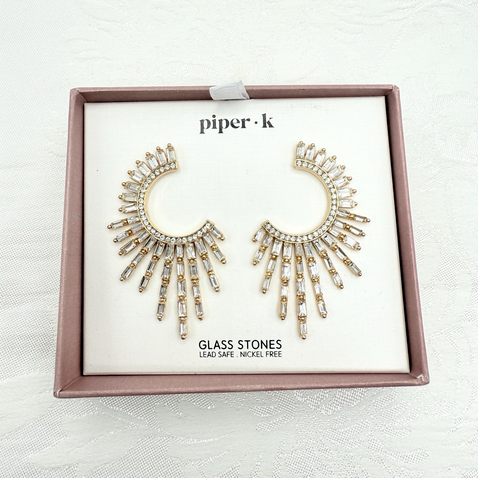 Piper K Large Glass Stone C-Shaped Starburst Fan Wing NIB Earrings