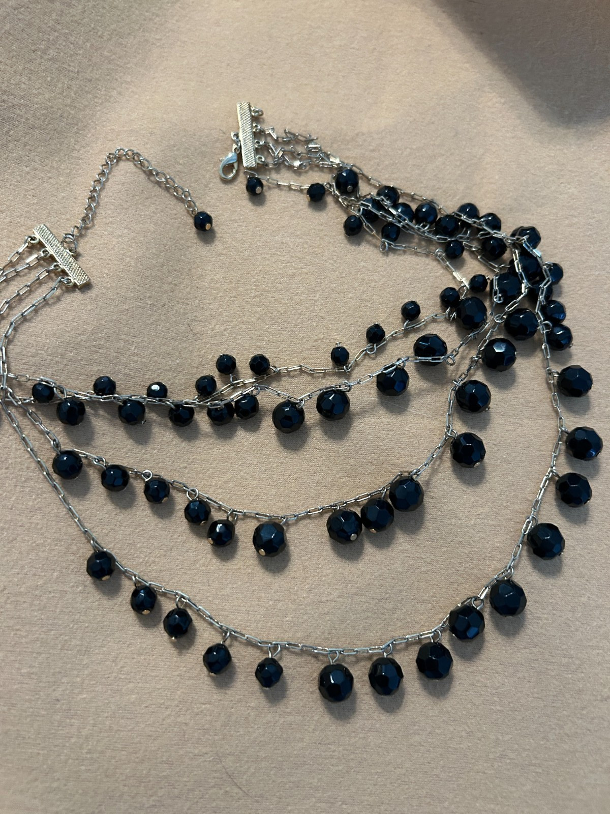 Vintage Good Quality Gold Tone Multi Strand Necklace, Black Glass Faceted Beads