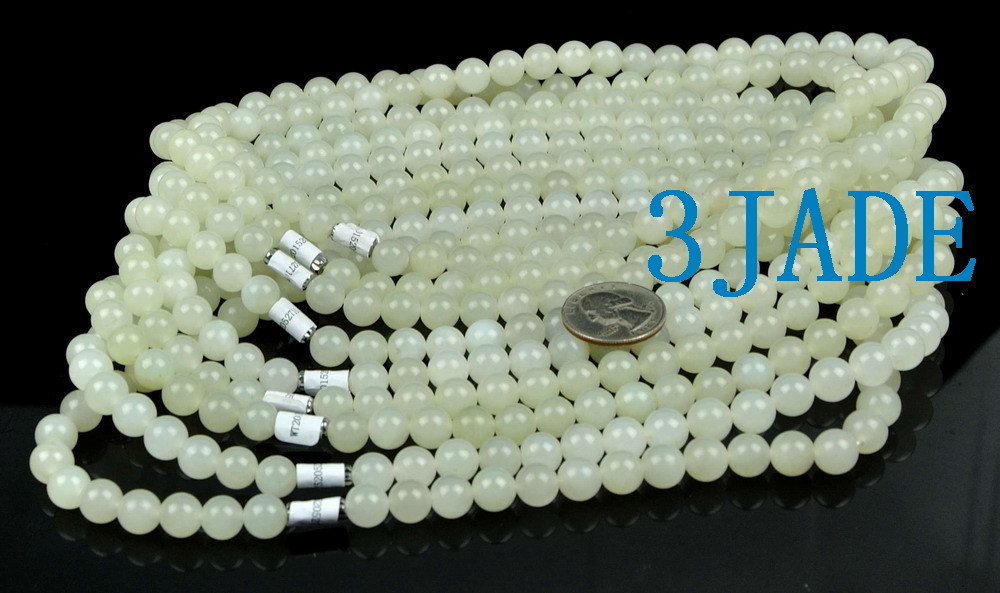 18″ Natural White Hetian Nephrite Jade Beads Necklace w/Certificate