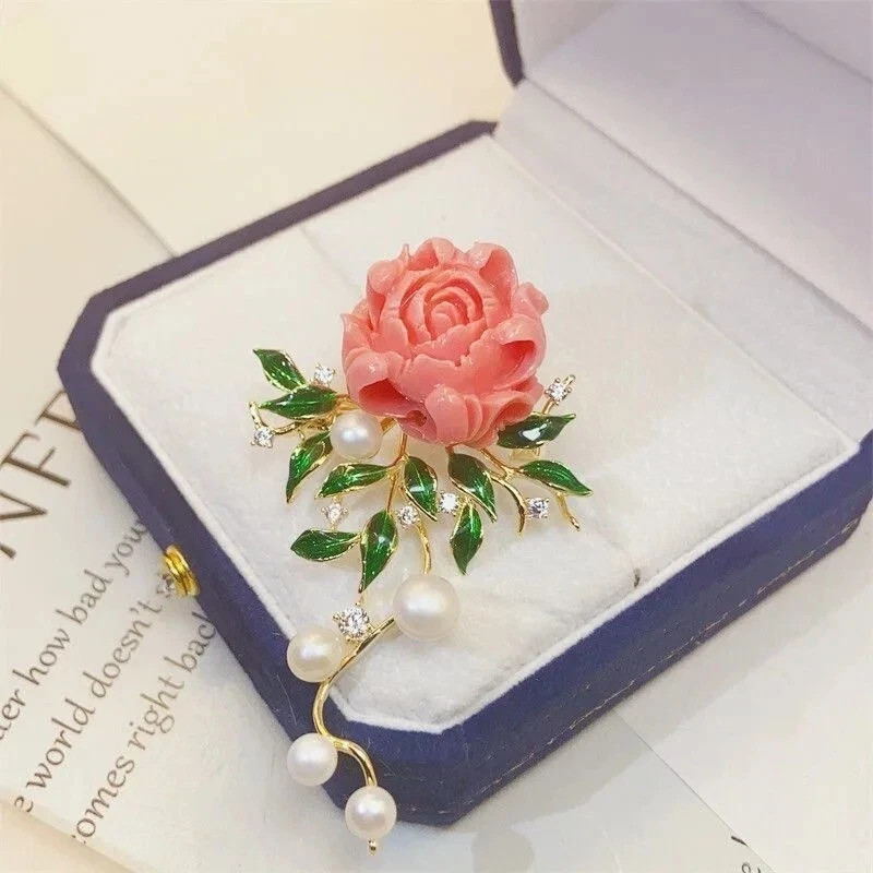 Elegant Rose Flower Brooch Pin for Women New Faux Pearl Fashion Gift Jewelry