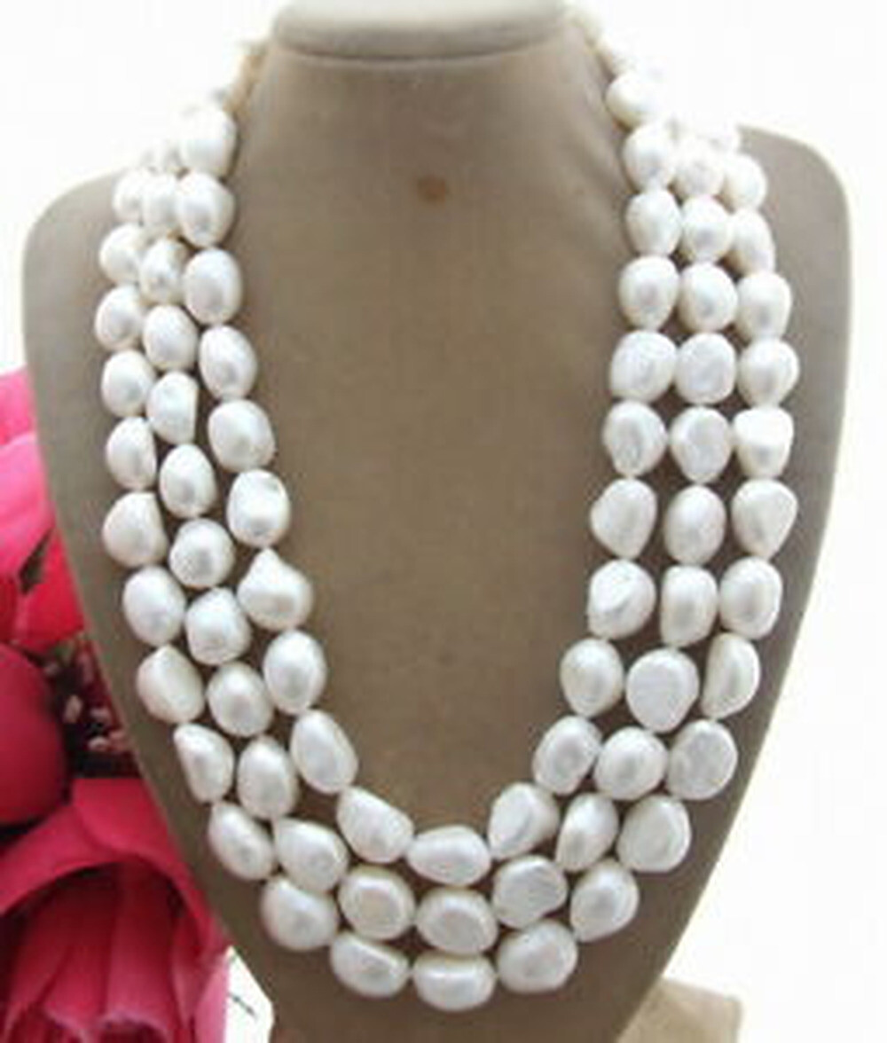 18-20″ 3 strands 9-11mm natural white pearl large pearl baroque pearl necklace