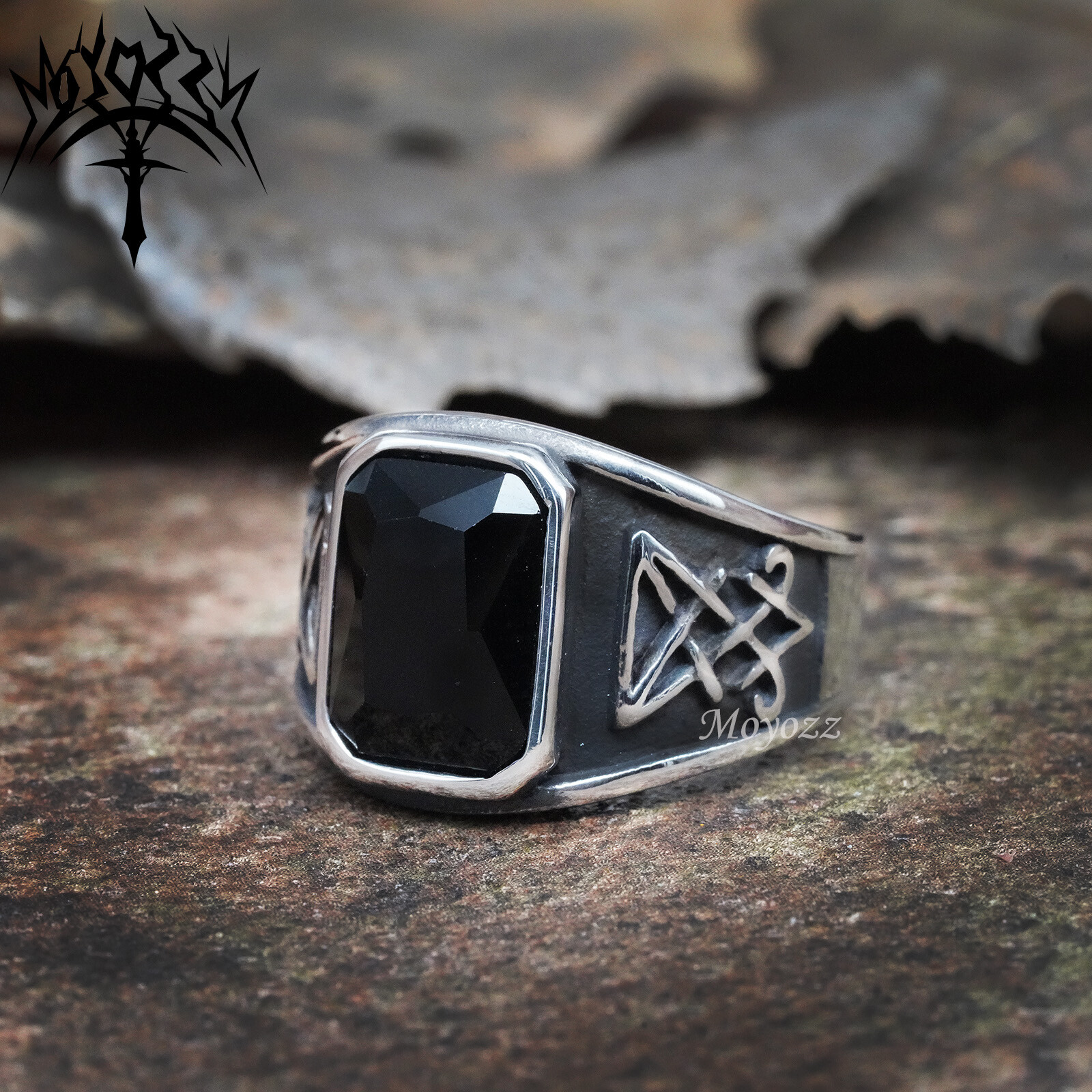 Fashion Mens Plated Stainless Steel Black Obsidian Stone Ring Men Size 7-15 Gift