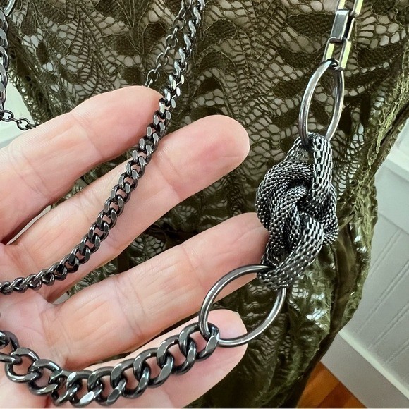 Long Layered Gunmetal Chain Necklace with Knot Details Fashion Jewelry