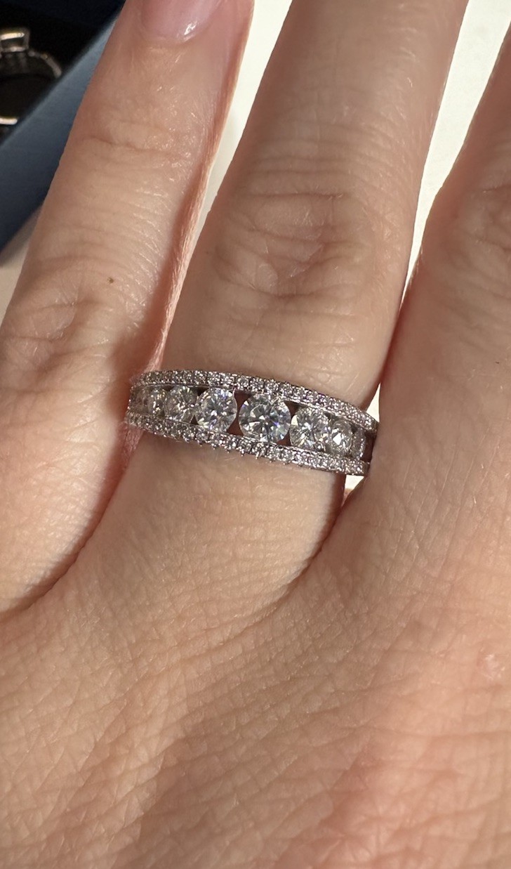 Size 8, Graduated Channel Set Floating Moissanite Band With Pave, 925 Sterling