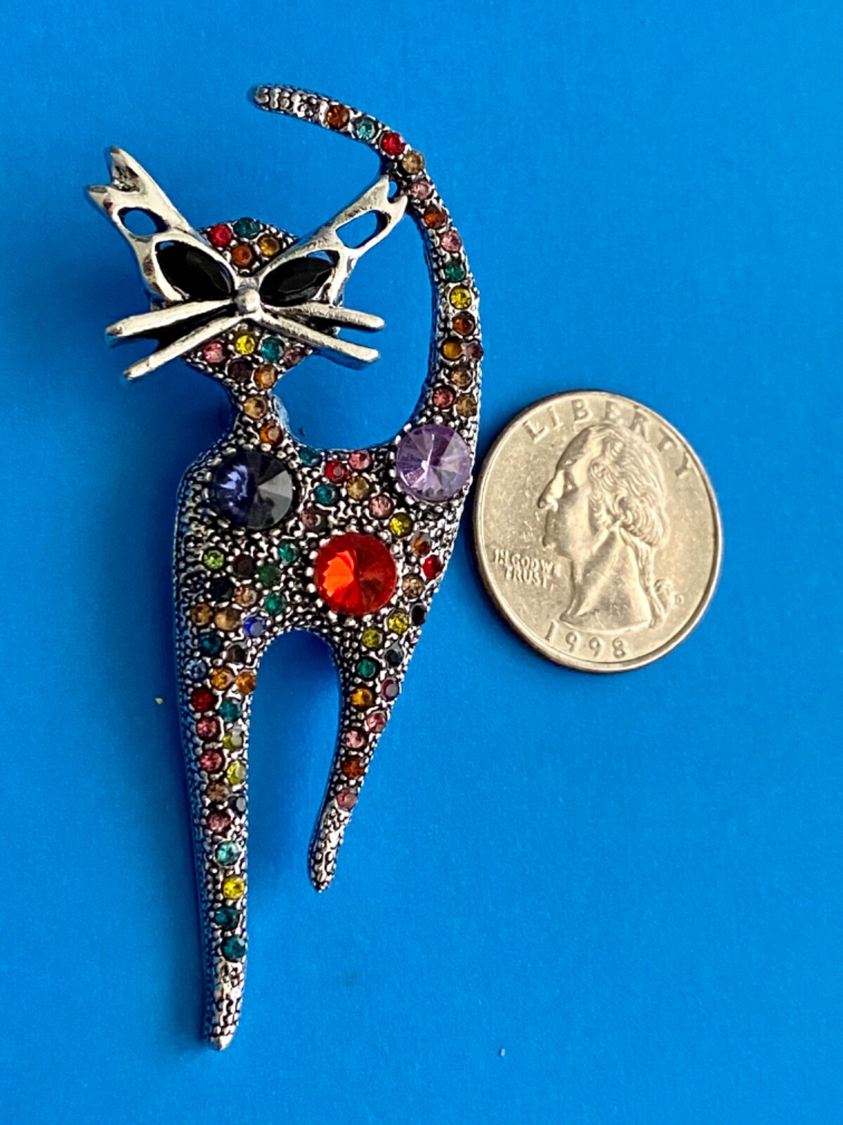 Multicolor Rhinestone Silver Cat Brooch Box included