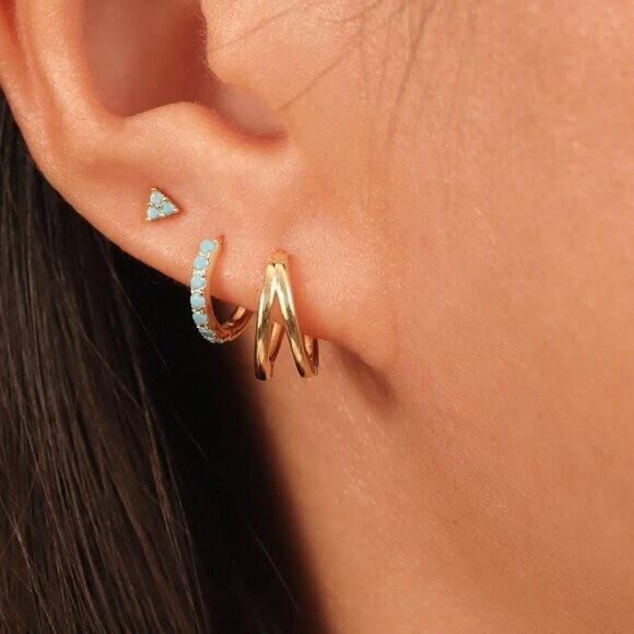 Gold Huggie Earrings Double Hoop Small Thick 18K Gold Huggies For Everyday Wear