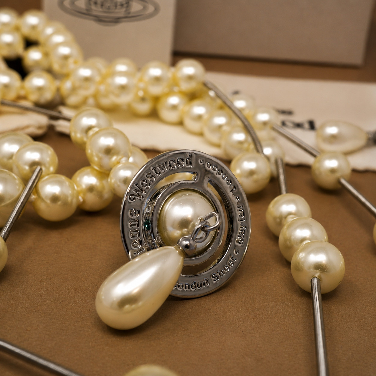 Vivienne Westwood Necklace Bas Relief Long Row Pearl 3D Silver Orb Pendant & Box