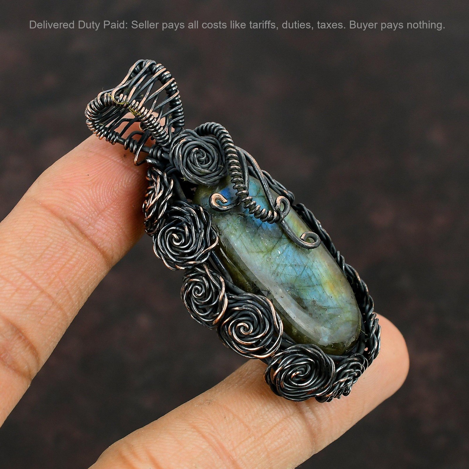 Natural Labradorite Copper Engagement Sister Wire Wrapped Flower Pendant Jewelry