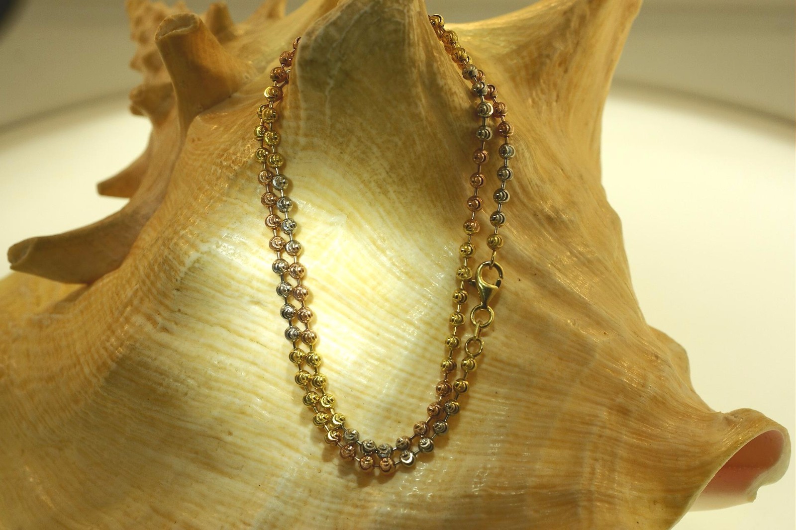 3MM ITALIAN TRICOLOR GOLD PLATED 925 SILVER SPARKLY DC BALL BEAD CHAIN NECKLACE