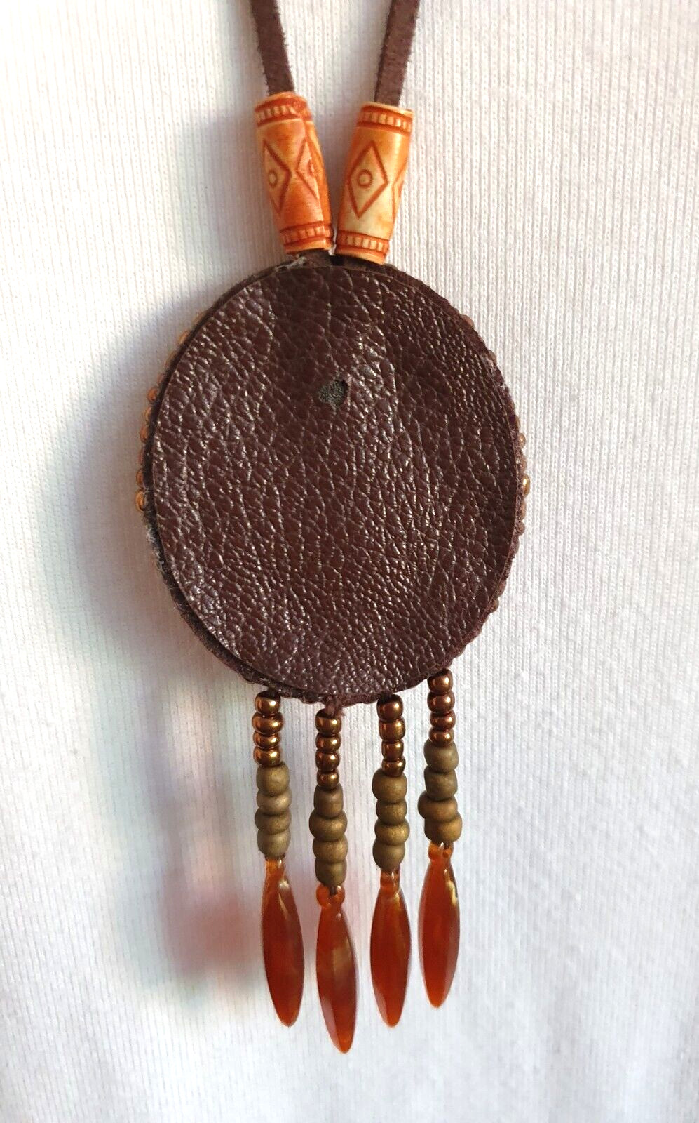Artisan Mandala Beaded Oval Tassel Leather backed Pendant suede cord Metal Free