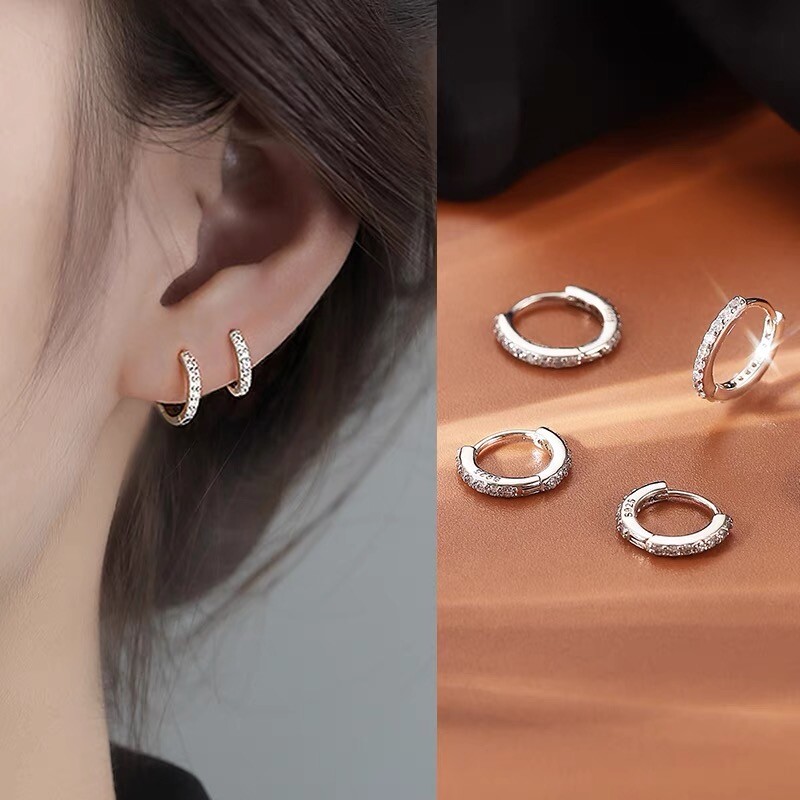Womens Silver Small Huggie Hoop Earrings CZ Crystal Plated 925 Sterling Silver
