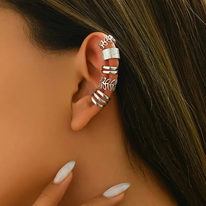 Trendy 5 Piece Wrap Cuff Earring Set Fits One Ear No Piercing Silver Toned
