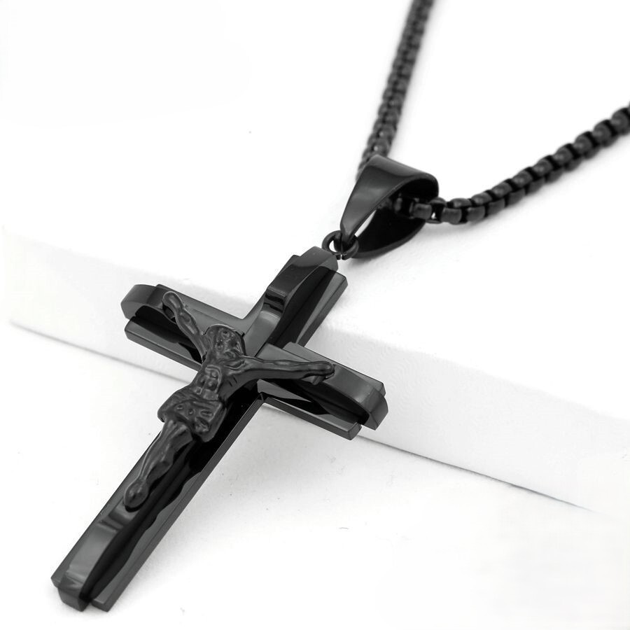 Men’s 24″ Box Chain JESUS CROSS Charm Black Stainless Steel,Ion Plated Box
