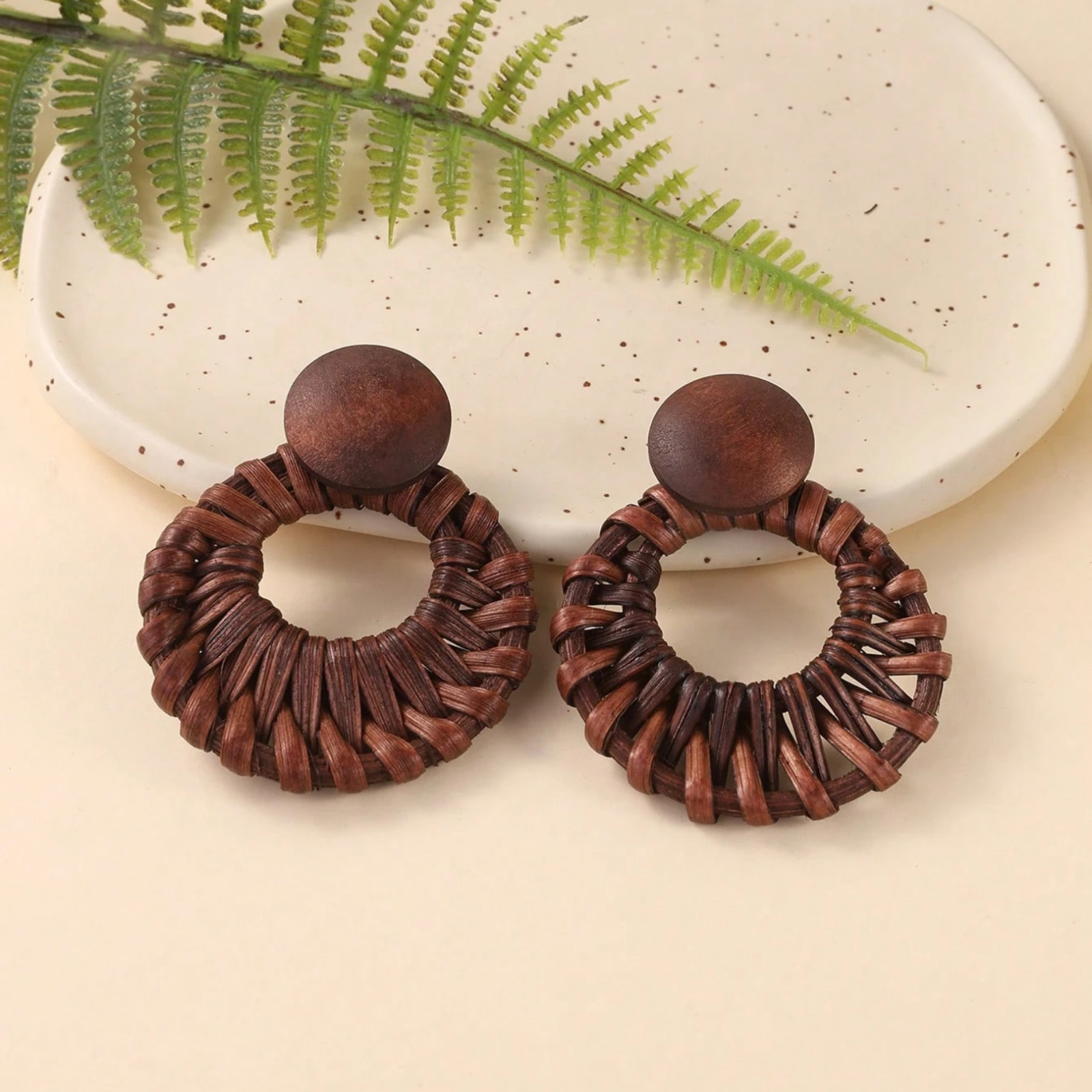 Handmade Earrings Woven Rattan Hollow Circle & Natural Wood Design Ear Studs