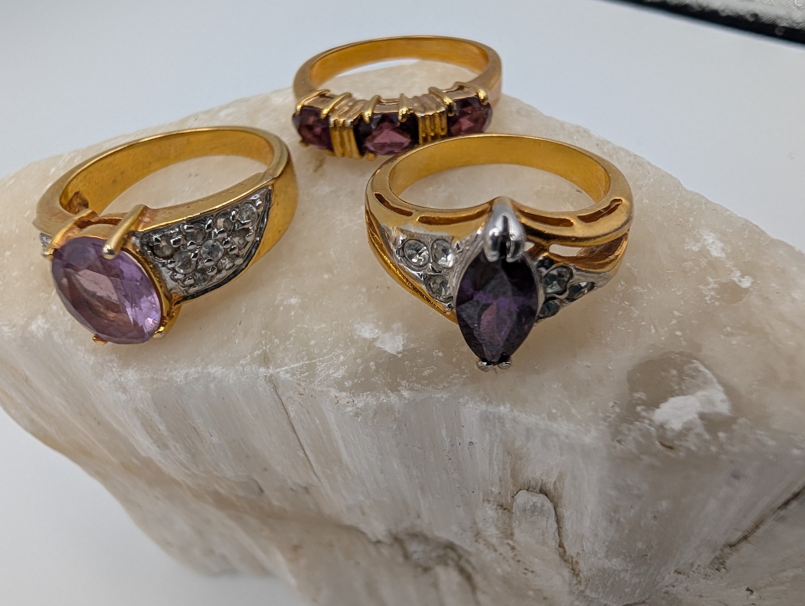 Lot of 3 Gold Tone Purple & Clear Stone Fashion Rings Cocktail Sizes 6.5, 7.5, 8