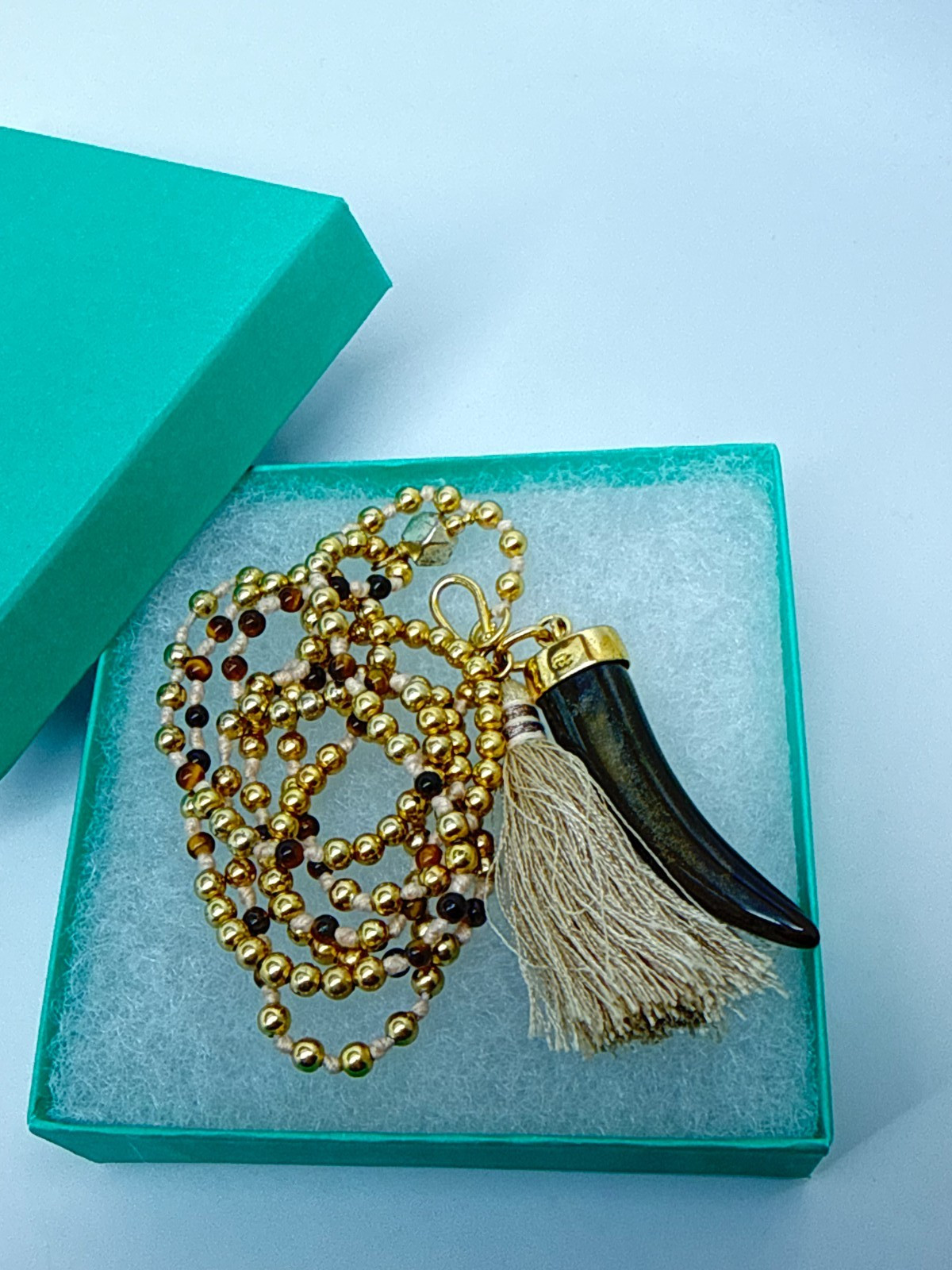 Banana Republic Beaded Necklace silk Tassel brown lucite Tooth pendant