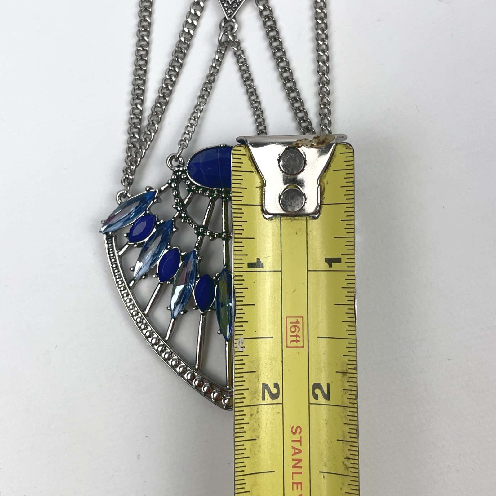 Blue Rhinestone Statement Pendant 23″ Necklace Multi Layer Cable Chain Boho