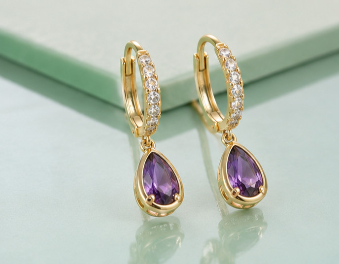 2Ct Pear Cut Simulated Amethyst Engagement Hoop Earrings 14K Yellow Gold Plated