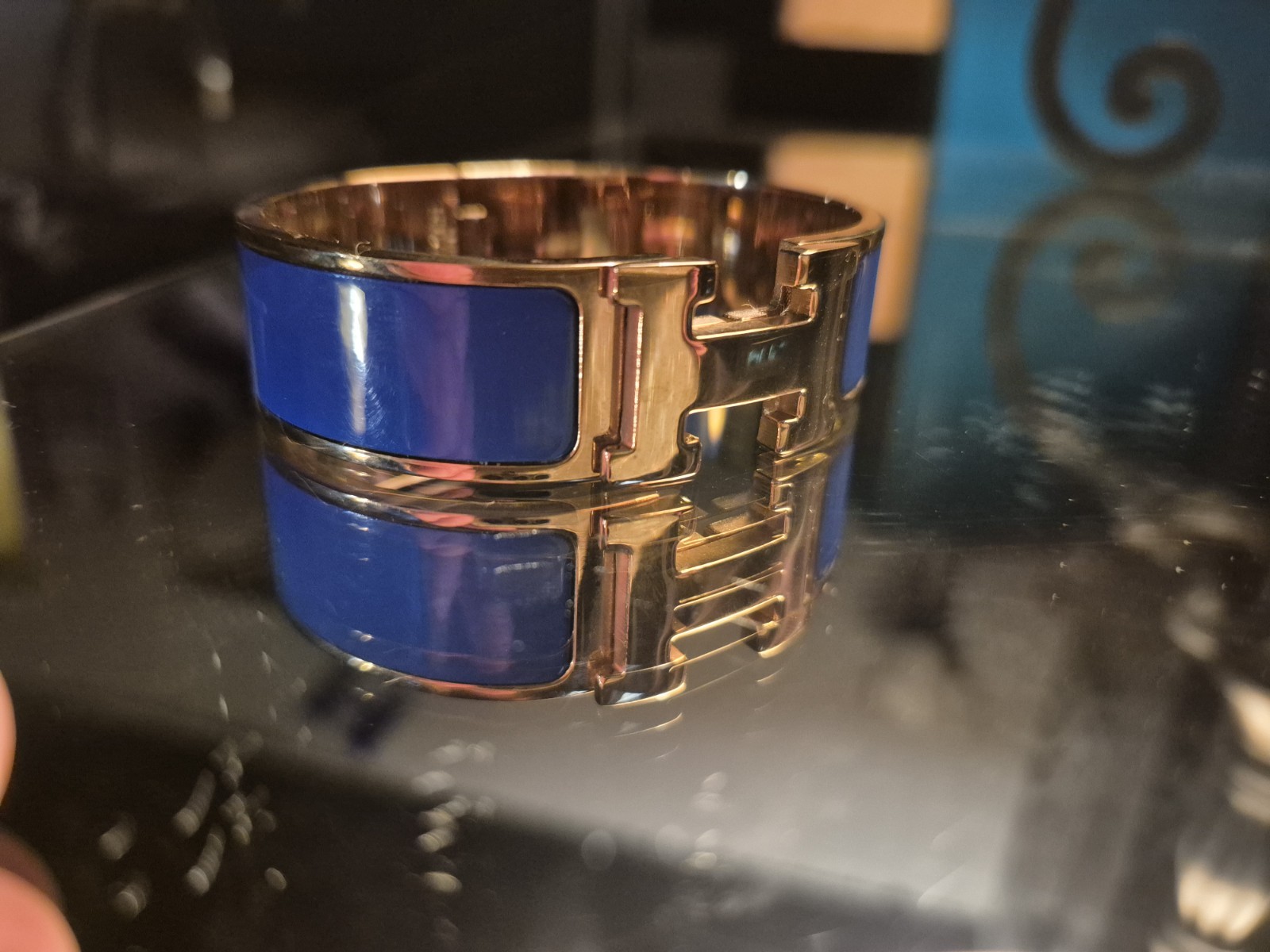 Hermès Clic H Blue Enamel Gold Tone Hinged Bangle Cuff Bracelet Signed