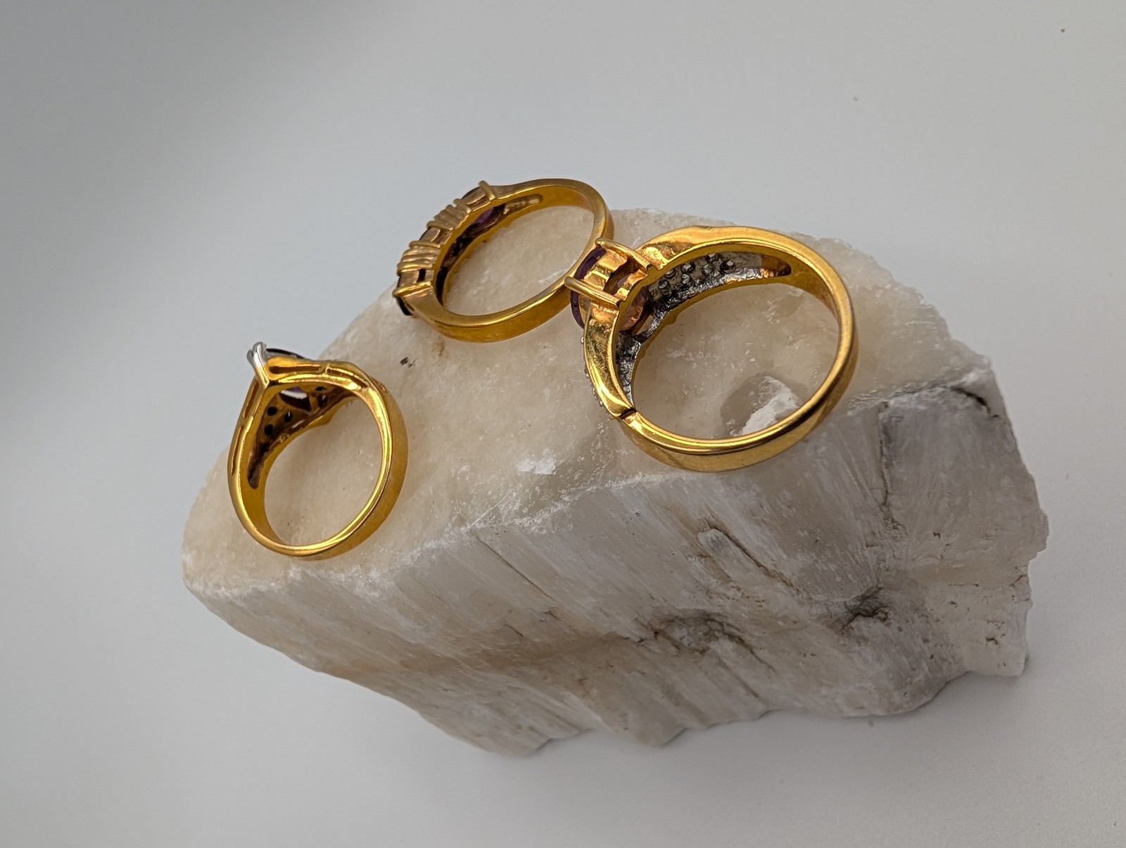 Lot of 3 Gold Tone Purple & Clear Stone Fashion Rings Cocktail Sizes 6.5, 7.5, 8