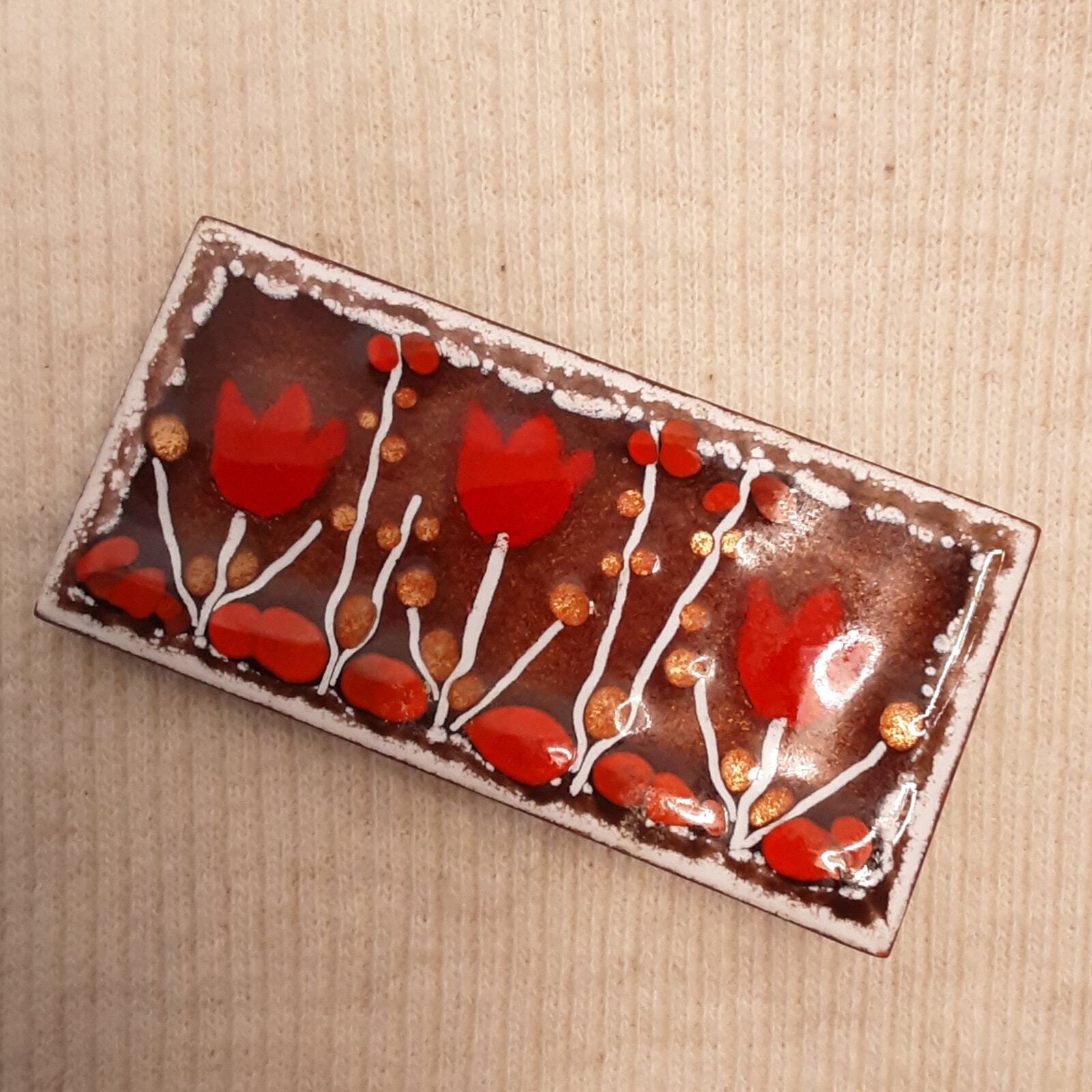 Red Tulips Brooch Textured Enamel Painted Ceramic