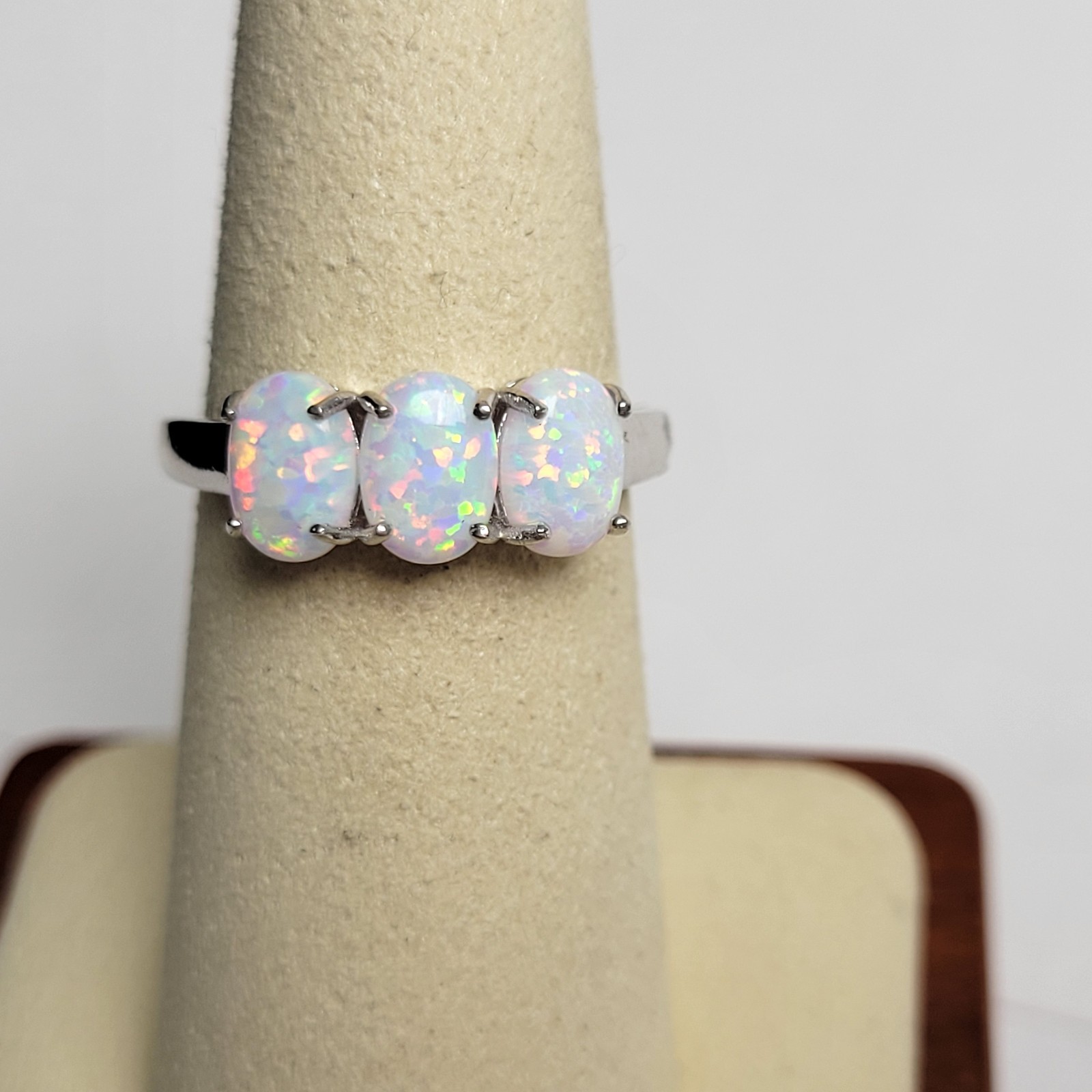 Beautiful Opal 3-Stone Ring Size 7. 925 Sterling Silver. Gorgeous Colors!