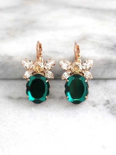 Oval Cut Simulated Green Emerald Women’s Drop Earrings In 14k Yellow Gold Plated