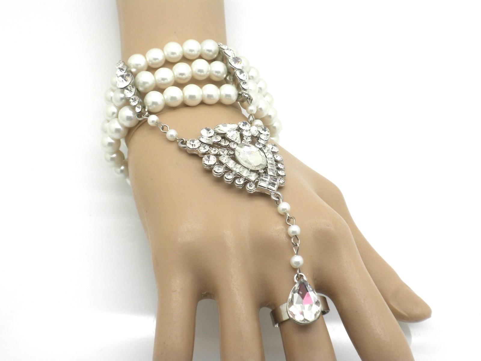 Faux Pearl Bracelet Women’s Ring Attached Silver Plated Slave Hand Chain