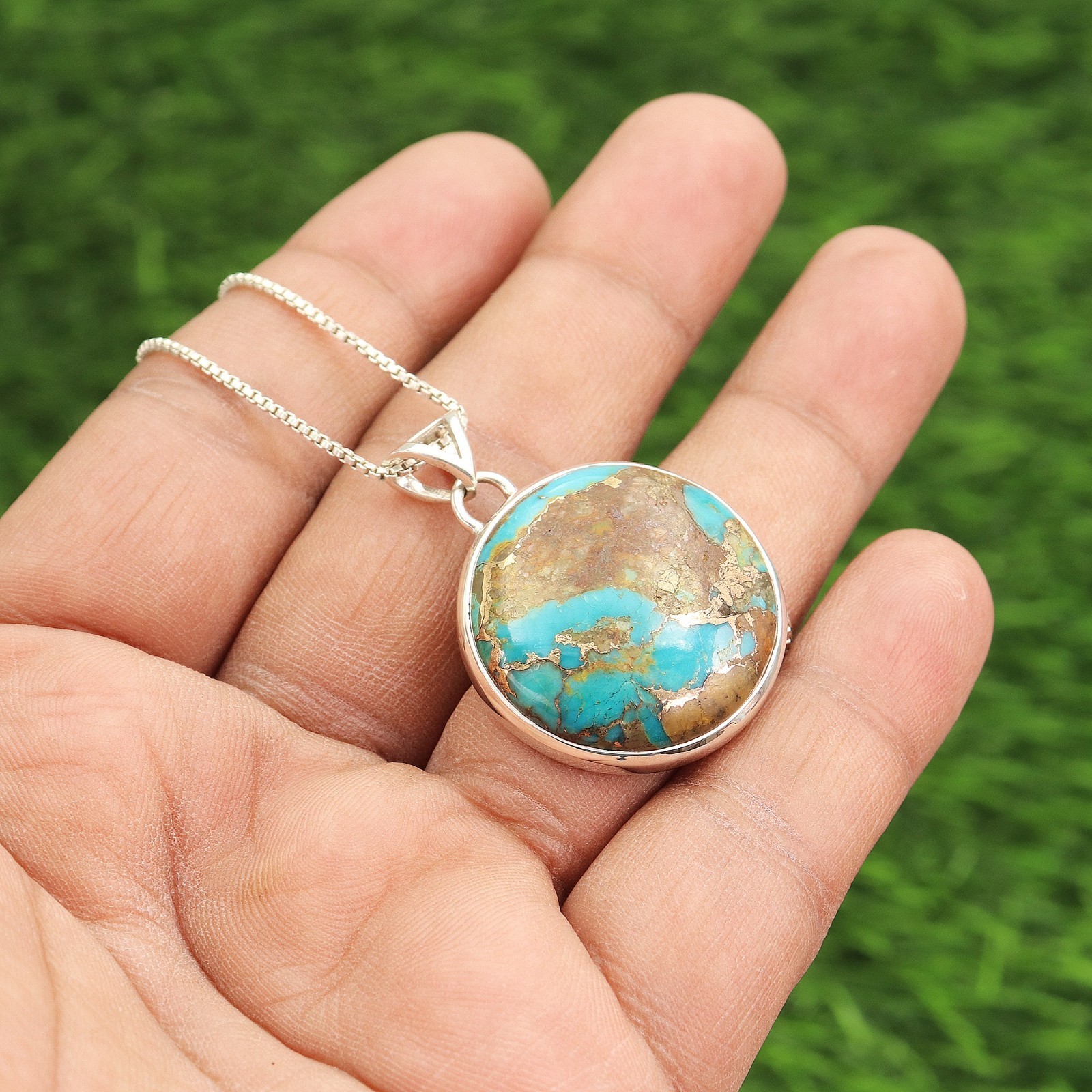 25MM Round Boulder Turquoise Necklace 925 Silver Pendant Gift for Women