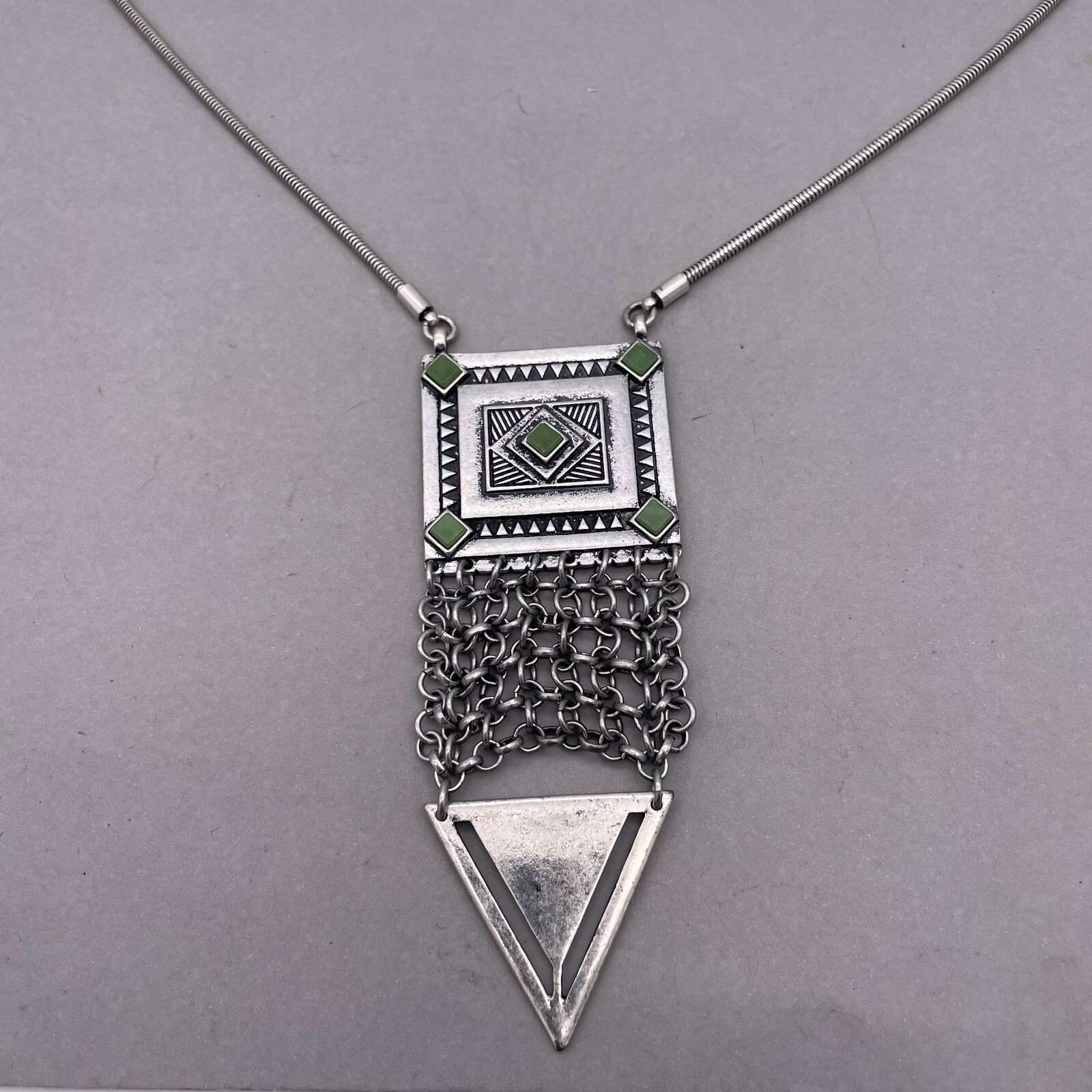 Jenny Bird Silvertone Snake Chain with Large Geometric Statement Necklace 30-32