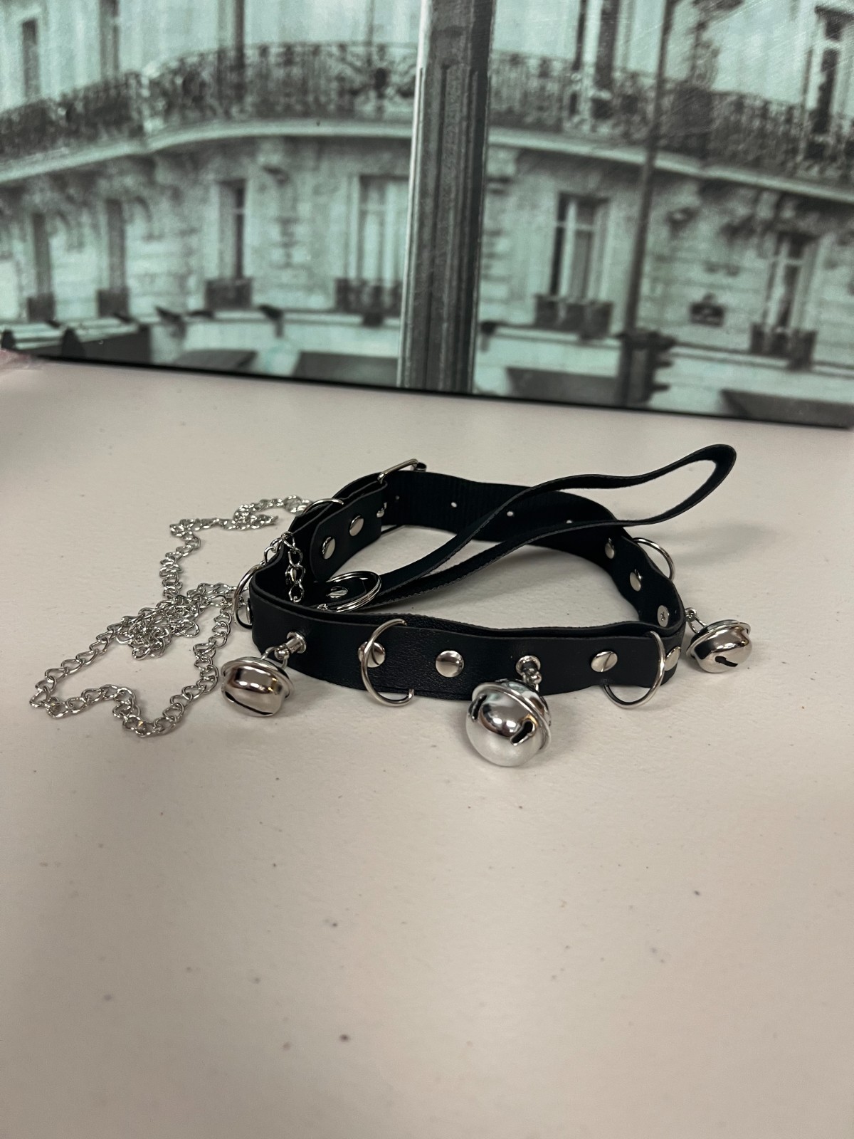 Gothic Faux Leather Choker Set Detachable Chain Leash Bell