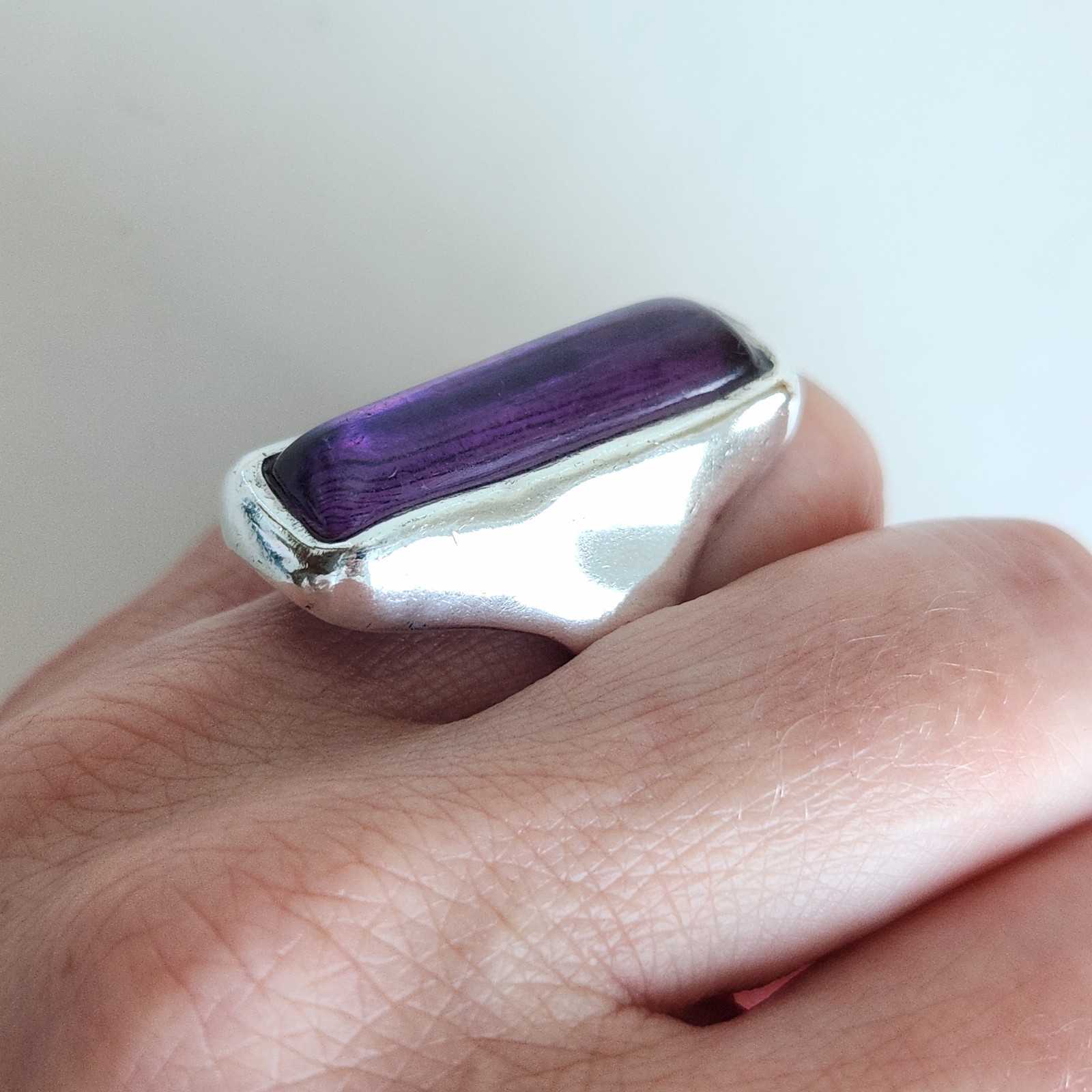 Bold Sterling Silver Statement Ring w/ Purple Cabochon Size 6.5 12.7g Marked GA