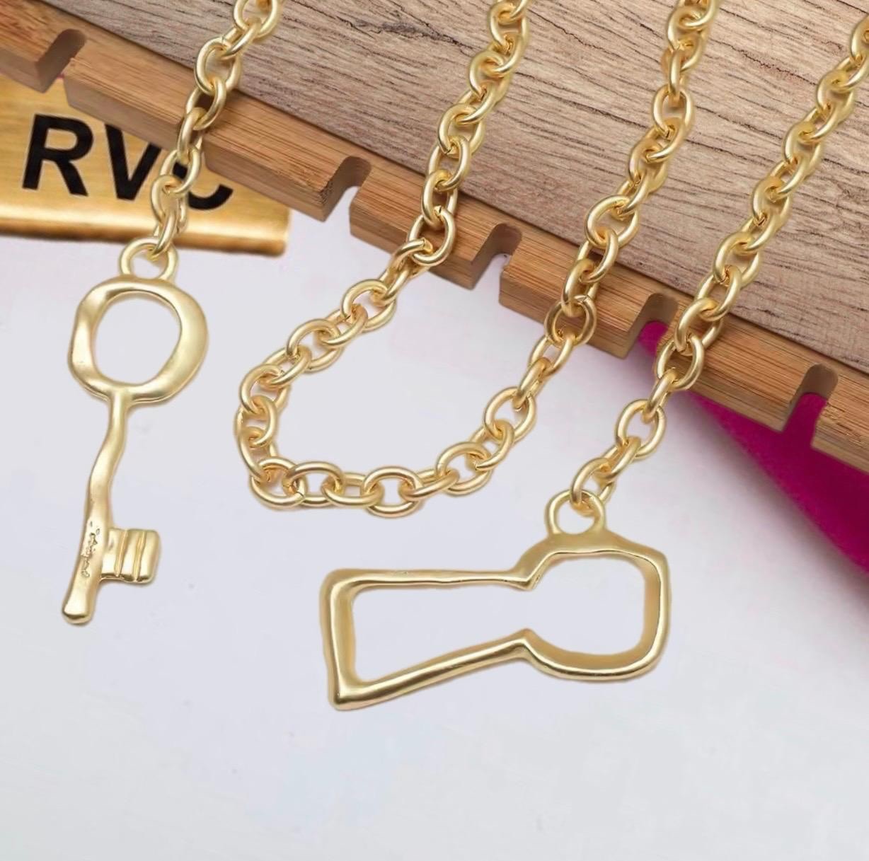 Gold Plated Satin Finish Key Pendant Necklace Vintage Style Statement Jewelry
