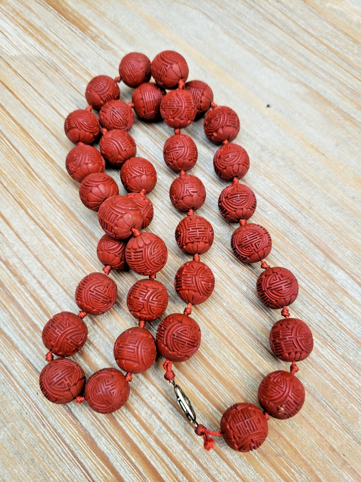 Red Carved Cinnabar Hand Knotted Bead Necklace 28″