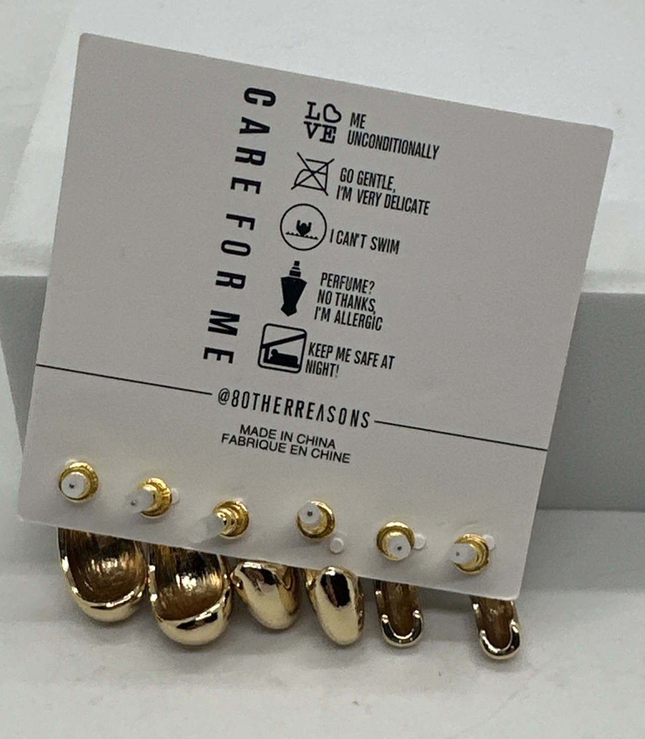 8 Other Reasons Gold Plated Post Back Half Moon 3 Pair Earrings Set NEW
