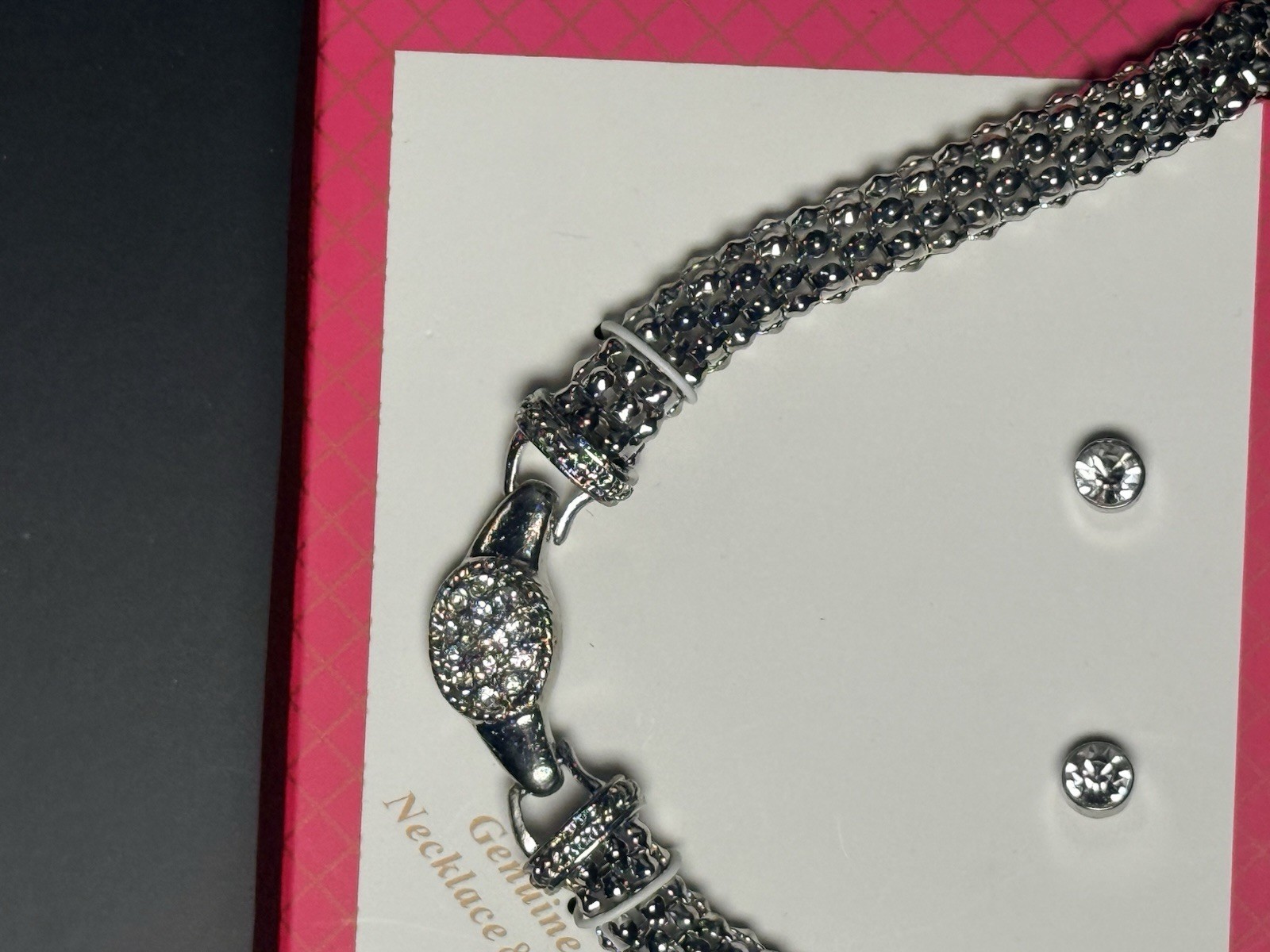 Silver Tone Crystal Necklace Earring Set Rhinestone Toggle Clasp Gift Box NWOT