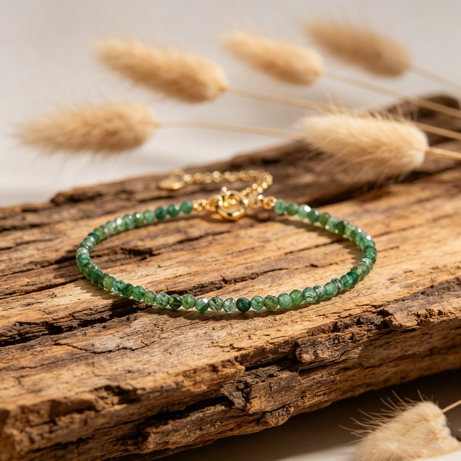 Natural Emerald Beaded Dainty Gold Filled Bracelet Minimalist Stackable Jewelry