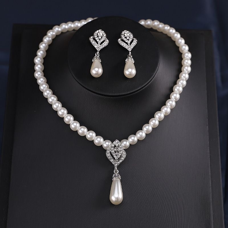 Silver Alloy Jewelry Set Imitation Pearl Drop Necklace Evening Party Accessory