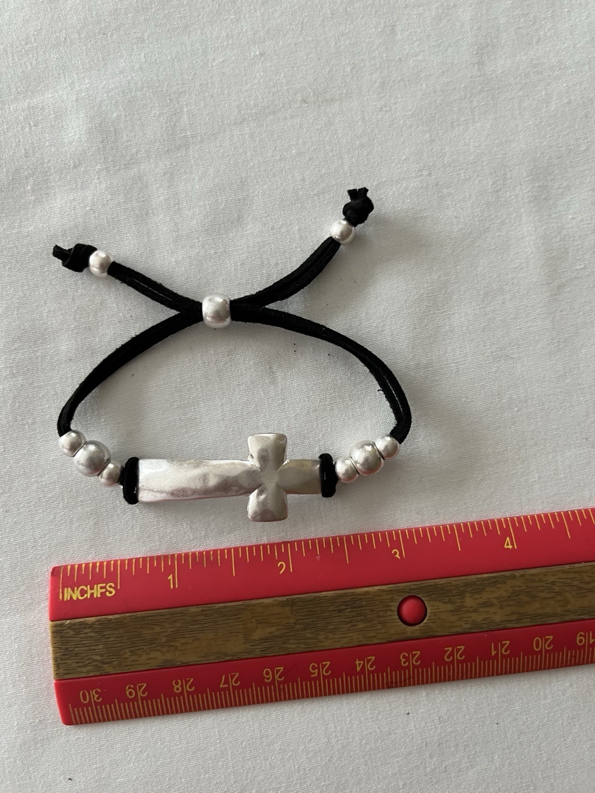 Adjustable BlackCord Beaded Bracelet w/ Cross Charm, Slide