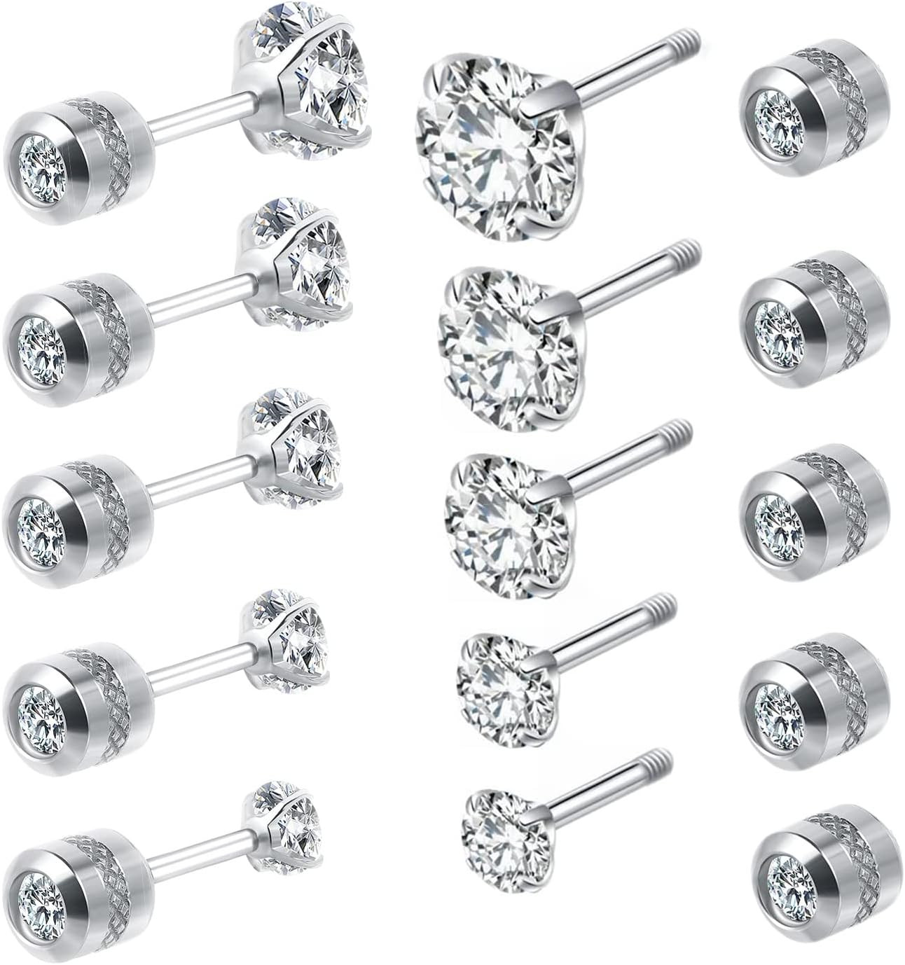5 Pairs Titanium Screw Back Stud Earrings Set for Sensitive Ears, Hypoallergenic