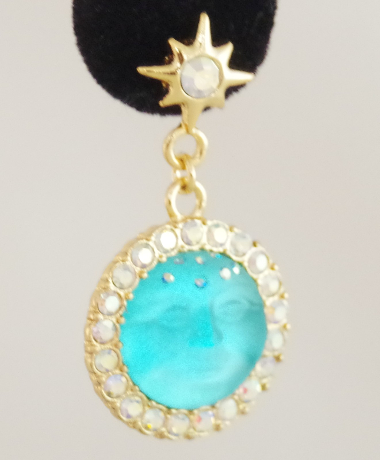 2″ KIRKS FOLLY BLUE SEAVIEW MOON FACE AB CRYSTAL RHINESTONE DROP DANGLE EARRINGS