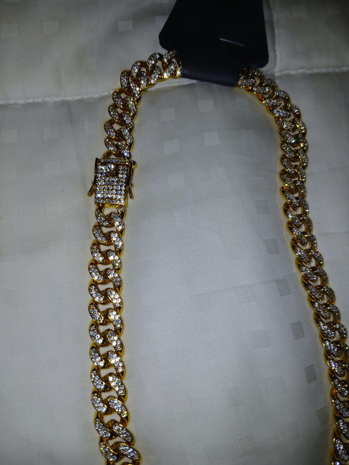 Gold Tone Metal Cuban Link Chain Necklace White Round Rhinestone, Box Clasp