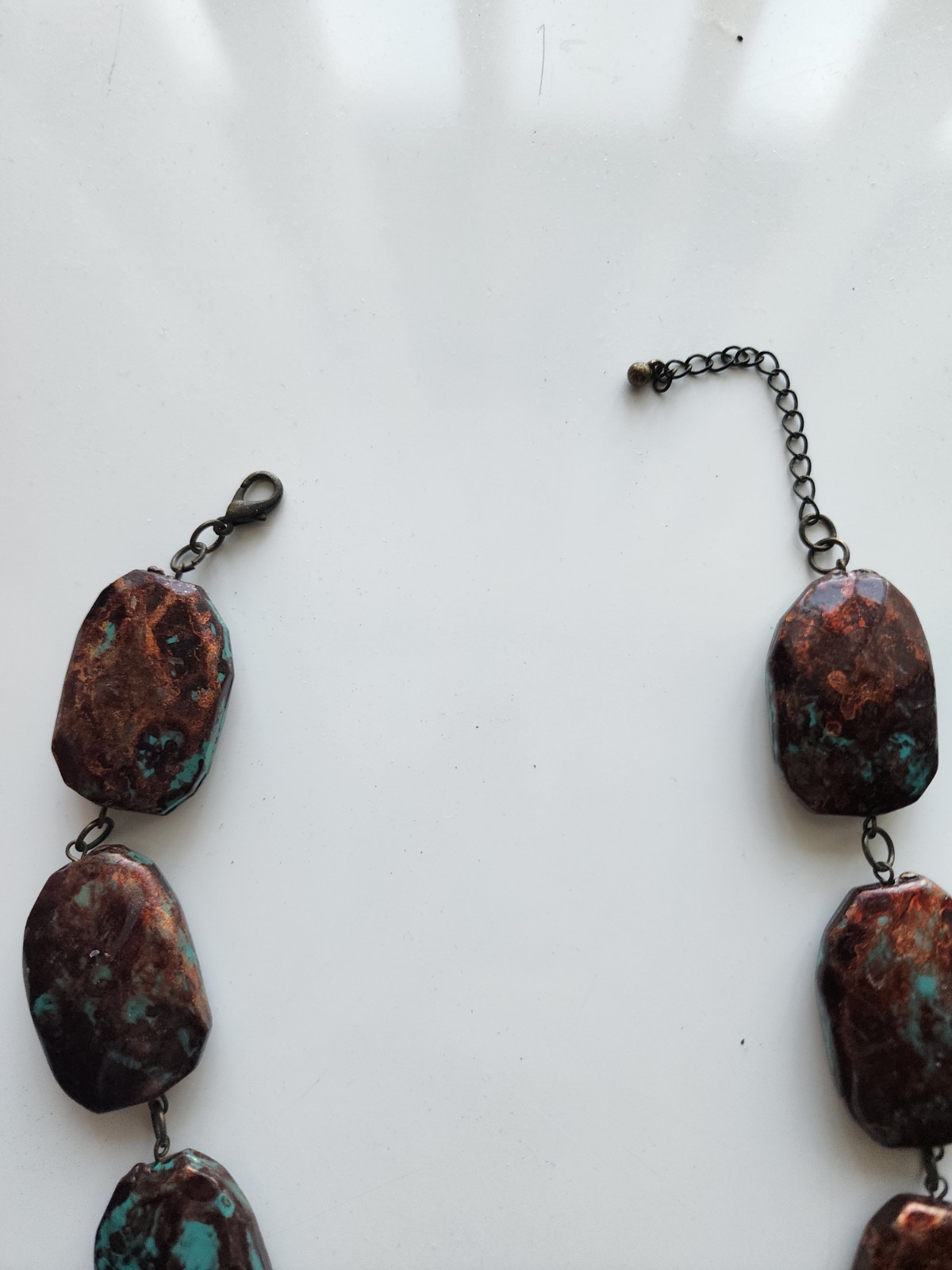 Brown & turquoise Stone-like Beaded Necklace spring ring Clasp 17-19 in