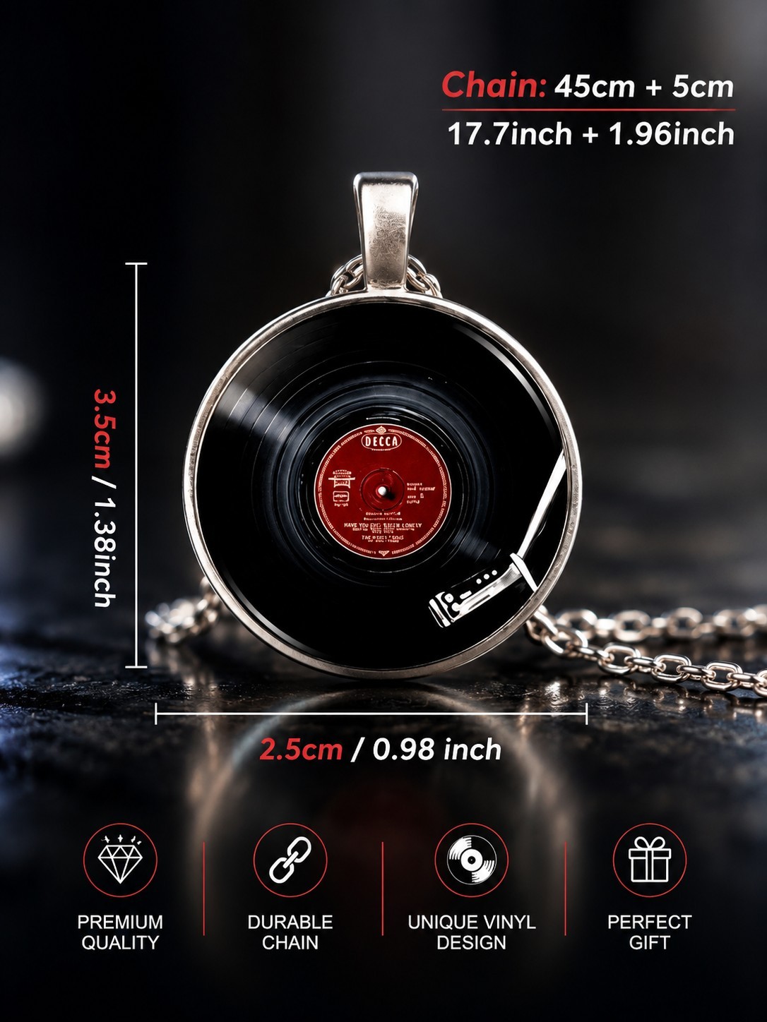 Vinyl Record Pendant Necklace DJ Music Lover Turntable Retro Gift Silver Tone